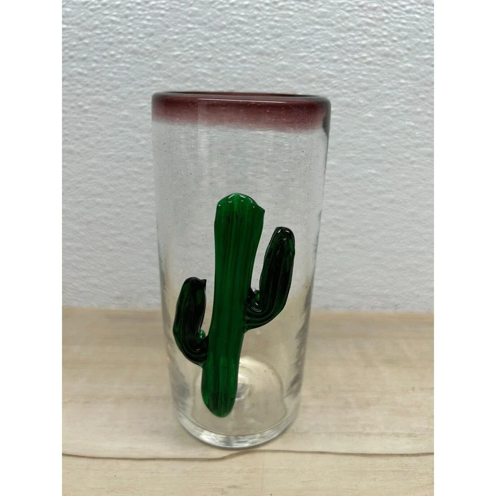 Vintage Set Of 4 Hand Blown Cactus Applique Clear Drinking Glasses Purple Rim